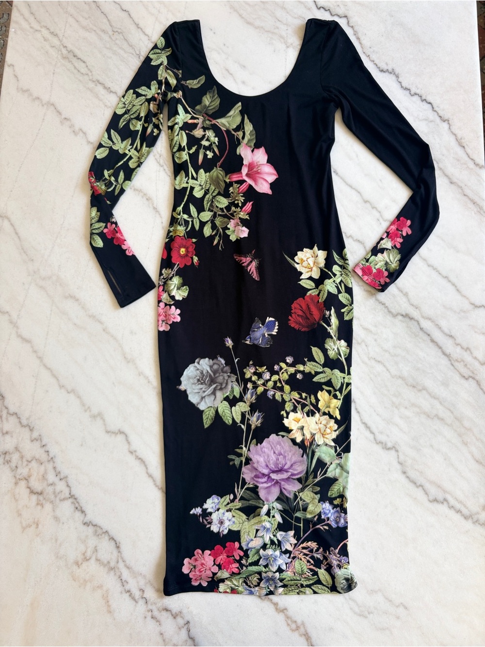 Alice + Olivia Venus Floral and Black Long Sleeve Bodycon Midi Dress